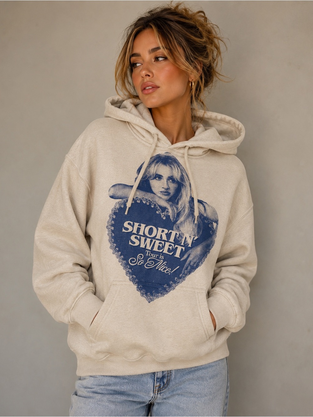 Sabrina Carpenter Short n Sweet Graphic Hoodie with Blue Heart Print medium